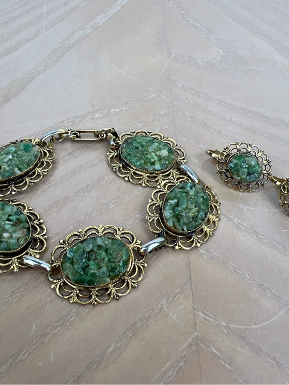 Green Stone Filigree Bracelet and Ring Set